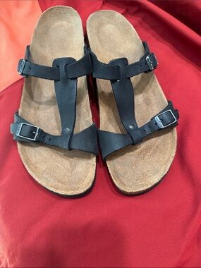 Birkenstock Black T-Strap Suede Footbed Sandals
